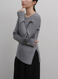 【Et】Crew Neck Button Sleeve Knit