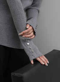 【Et】Crew Neck Button Sleeve Knit