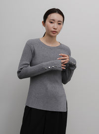 【Et】Crew Neck Button Sleeve Knit