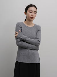 【Et】Crew Neck Button Sleeve Knit