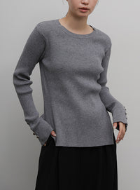 【Et】Crew Neck Button Sleeve Knit