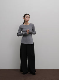 【Et】Crew Neck Button Sleeve Knit