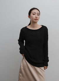 【Et】Tape Yarn Boat Neck Sheer Knit
