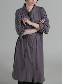 【Et】Linen-blend Waist Drawstring Shirt Dress
