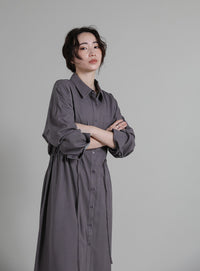 【Et】Linen-blend Waist Drawstring Shirt Dress