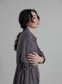 【Et】Linen-blend Waist Drawstring Shirt Dress