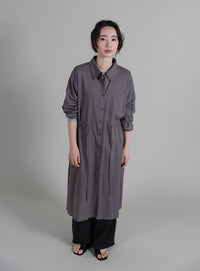【Et】Linen-blend Waist Drawstring Shirt Dress