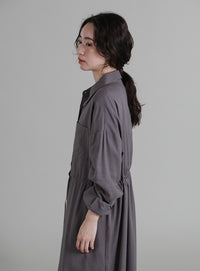 【Et】Linen-blend Waist Drawstring Shirt Dress