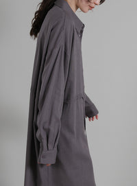 【Et】Linen-blend Waist Drawstring Shirt Dress