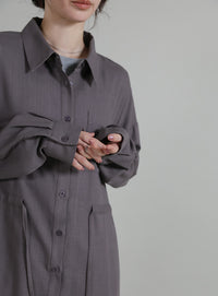 【Et】Linen-blend Waist Drawstring Shirt Dress