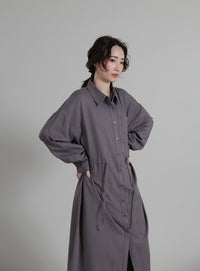 【Et】Linen-blend Waist Drawstring Shirt Dress