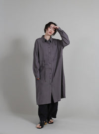 【Et】Linen-blend Waist Drawstring Shirt Dress