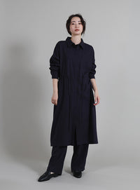 【Et】Linen-blend Waist Drawstring Shirt Dress