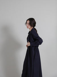 【Et】Linen-blend Waist Drawstring Shirt Dress