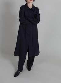 【Et】Linen-blend Waist Drawstring Shirt Dress