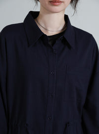 【Et】Linen-blend Waist Drawstring Shirt Dress