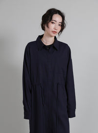 【Et】Linen-blend Waist Drawstring Shirt Dress