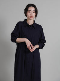 【Et】Linen-blend Waist Drawstring Shirt Dress