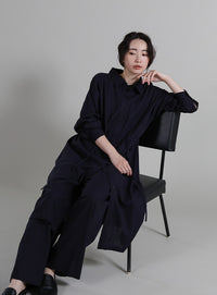 【Et】Linen-blend Waist Drawstring Shirt Dress