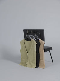 【Et】Linen-touch V-neck vest