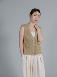 【Et】Linen-touch V-neck vest