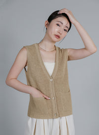 【Et】Linen-touch V-neck vest