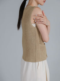 【Et】Linen-touch V-neck vest