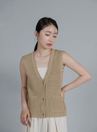 【Et】Linen-touch V-neck vest