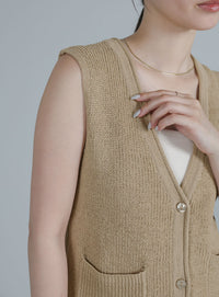 【Et】Linen-touch V-neck vest