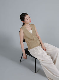 【Et】Linen-touch V-neck vest