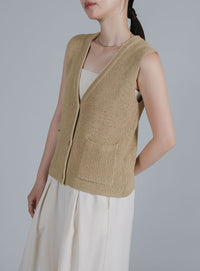 【Et】Linen-touch V-neck vest