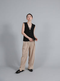【Et】Linen-touch V-neck vest