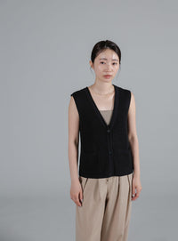 【Et】Linen-touch V-neck vest