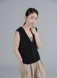 【Et】Linen-touch V-neck vest