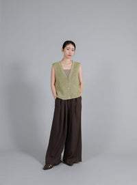 【Et】Linen-touch V-neck vest