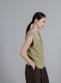 【Et】Linen-touch V-neck vest