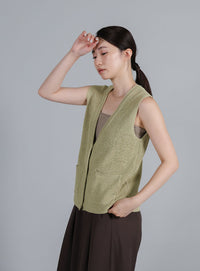 【Et】Linen-touch V-neck vest