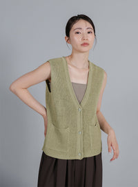 【Et】Linen-touch V-neck vest