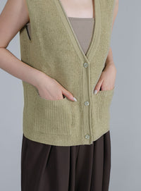 【Et】Linen-touch V-neck vest
