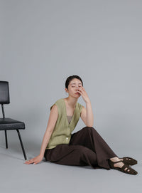 【Et】Linen-touch V-neck vest