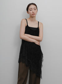 【Et】Lace-Hem Velour Crepe Asymmetry long Camisole