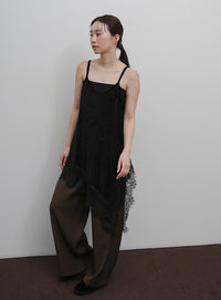 【Et】Lace-Hem Velour Crepe Asymmetry long Camisole