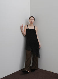 【Et】Lace-Hem Velour Crepe Asymmetry long Camisole