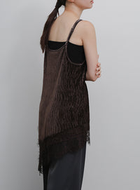 【Et】Lace-Hem Velour Crepe Asymmetry long Camisole