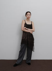 【Et】Lace-Hem Velour Crepe Asymmetry long Camisole