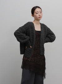 【Et】Lace-Hem Velour Crepe Asymmetry long Camisole