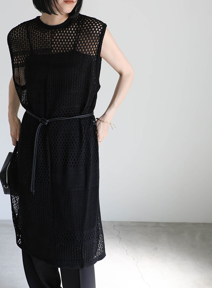 ノースリーブリネンタッチパッチワークメッシュワンピース【SALE