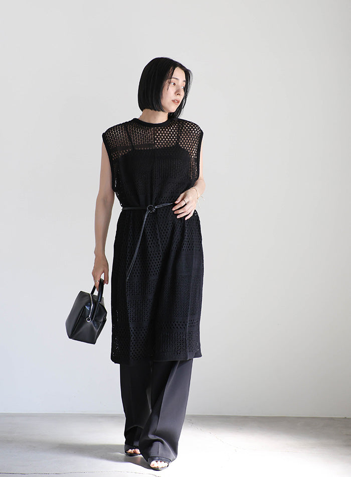 ノースリーブリネンタッチパッチワークメッシュワンピース – SELECT MOCA