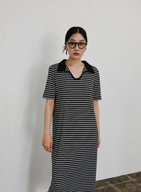 【サイズ展開あり】テレコロングポロワンピース