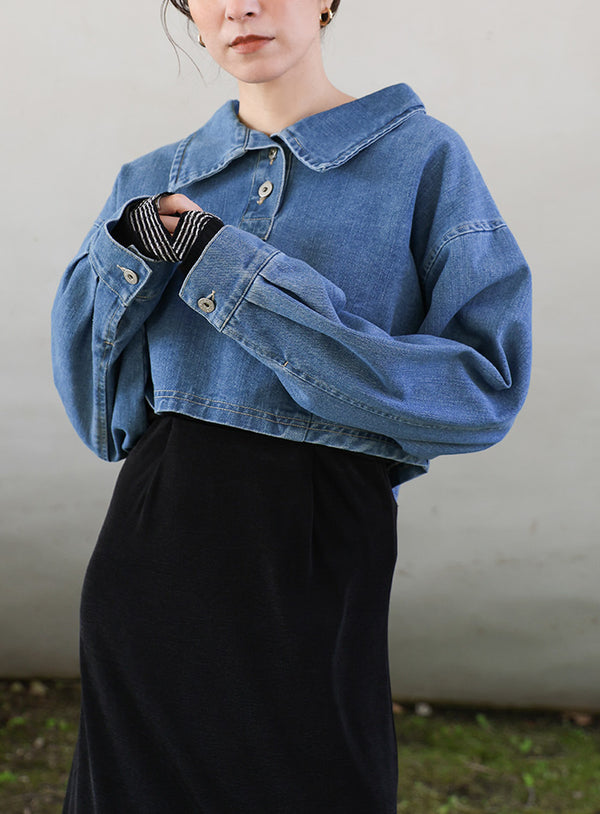 ハーフボタンデニムショートトップス